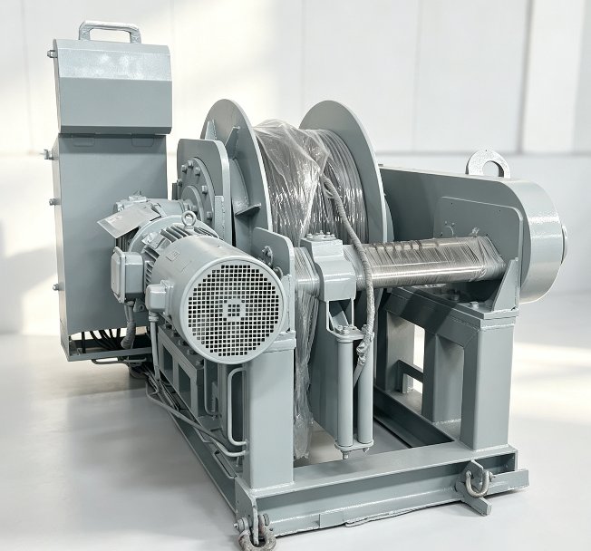 Towing winch in direct-pull configuration with electric drive and level wind