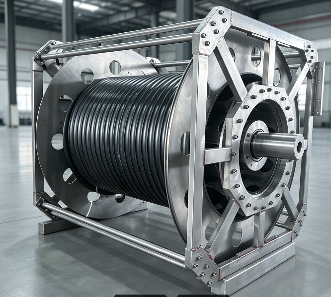 Subsea winch with titanium frame and drum (rendering)