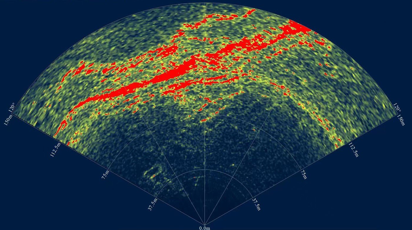Forward-looking sonar image, 120° sector at 150 m range